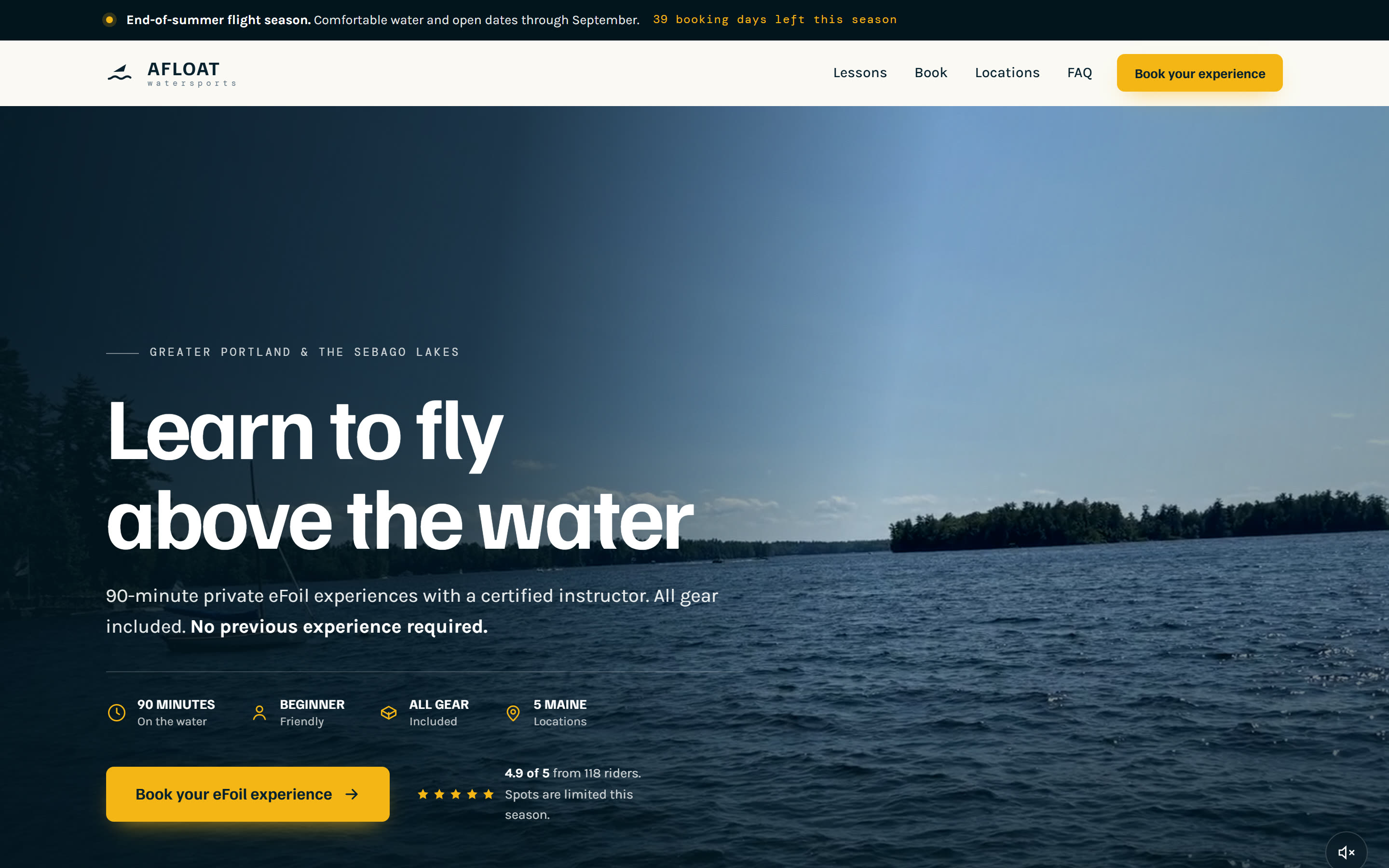 AFLOAT Watersports - eFoil lesson landing page with a working Shopify booking flow