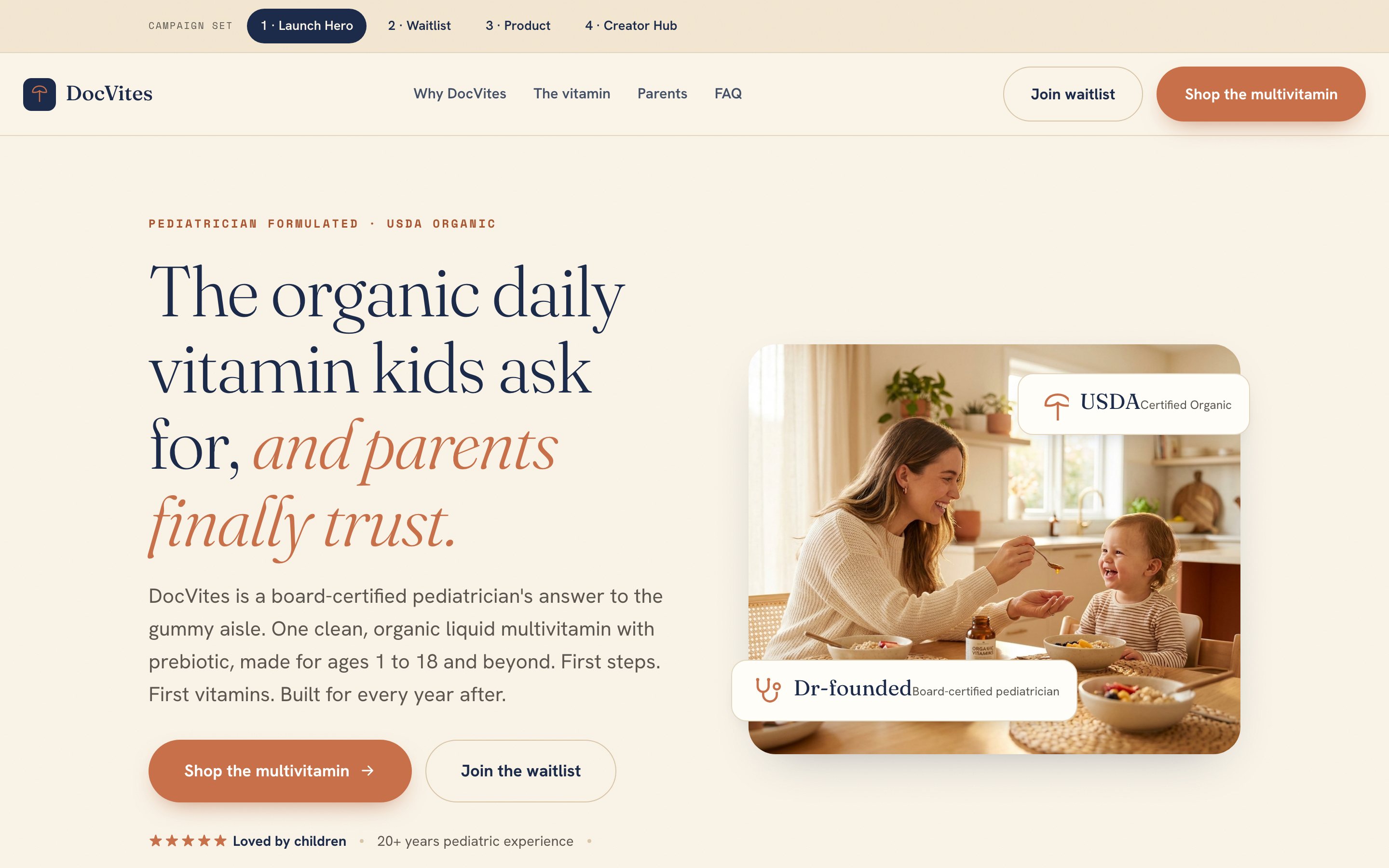 DocVites - pediatrician-founded organic children's vitamin 4-page campaign landing set