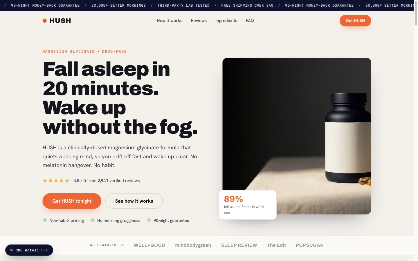 HUSH - direct-response sleep supplement landing page